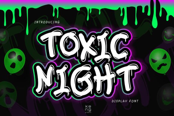 39 Quirky Halloween Fonts for Playful Spooky Designs 8 Playful Halloween font design featuring the text 'Toxic Night' with spooky green faces and dripping effects.