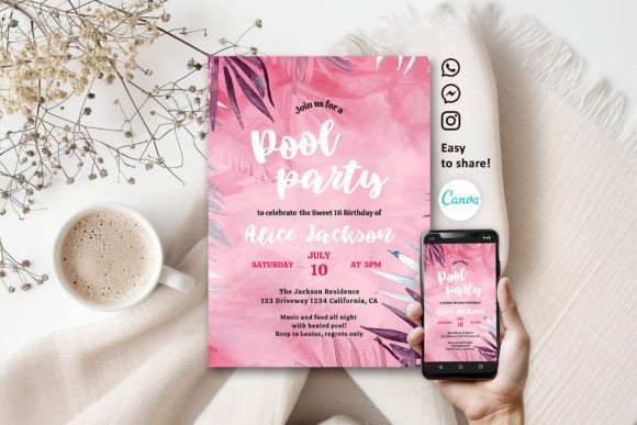 29 Bright Summer Party Invite Templates for Sunny Celebrations 9 Tropical pool party invitation with pink background and palm leaves, featuring event details.