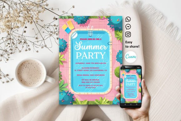 29 Bright Summer Party Invite Templates for Sunny Celebrations 8 Colorful summer party invitation featuring tropical leaves and a pool theme, designed for mobile sharing.