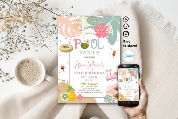 29 Bright Summer Party Invite Templates for Sunny Celebrations 7 Colorful tropical pool party invitation with flowers and ice cream graphics.