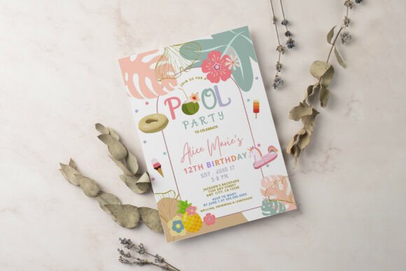 29 Bright Summer Party Invite Templates for Sunny Celebrations 6 Colorful tropical pool party invitation with floral elements and event details.