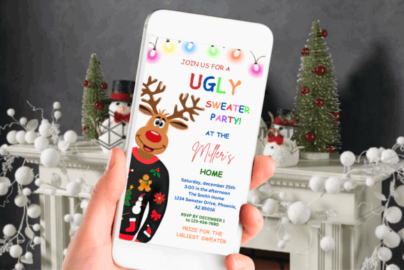Christmas Party Invitation Templates: 35 Festive Picks 32 Ugly sweater party invitation displayed on a mobile phone with festive decorations in the background.