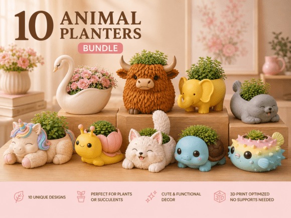 Animal Planters Bundle — DIY 3D printed gifts DIY 3D printed gifts featuring animal planters for houseplants.