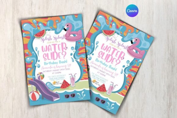 Beach Party Invite Template: 25 Best Sunny Designs 18 Colorful birthday invitation featuring a water slide, flamingo, and summer elements.