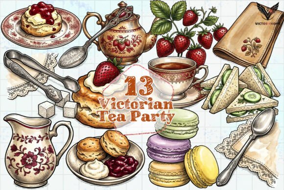 30 Charming Tea Party Invitation Templates for Elegant Celebrations 34 Illustration of Victorian tea party items including teacups, pastries, and strawberries.
