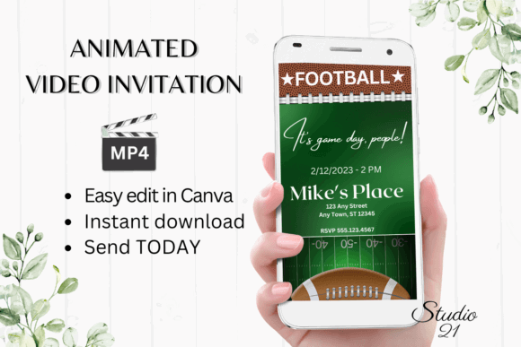 Football Party Invitation Templates: 12 Winning Game-Day Picks 4 Animated football party invitation on a smartphone with editable details.