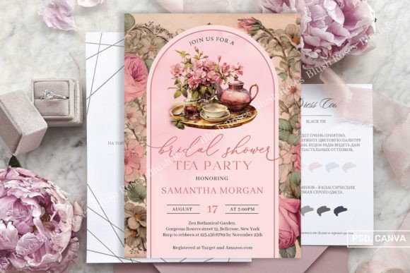 30 Charming Tea Party Invitation Templates for Elegant Celebrations 19 Elegant bridal shower tea party invitation with floral design and teapot illustration.