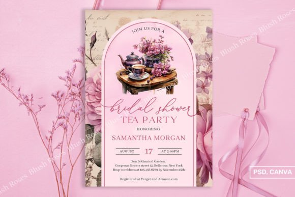 30 Charming Tea Party Invitation Templates for Elegant Celebrations 18 Elegant bridal tea party invitation with floral design and teapot illustration.