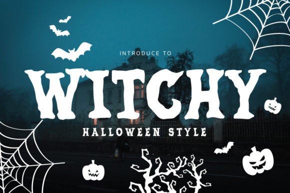 Weird Halloween Fonts: 32 Whimsical Picks for Creative Designs 38 Witchy Halloween font displayed with spooky decorations and a haunted house background.