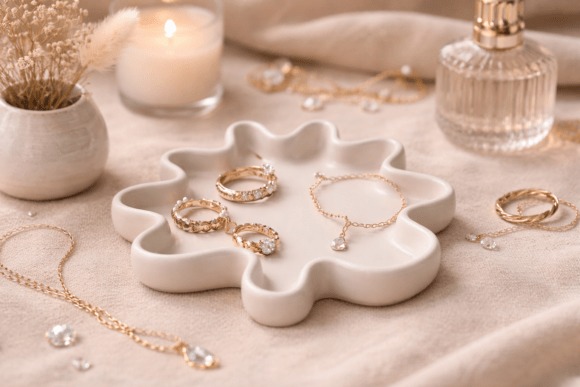Wavy Jewelry Tray Wavy Jewelry Tray with rings and jewelry on a soft surface