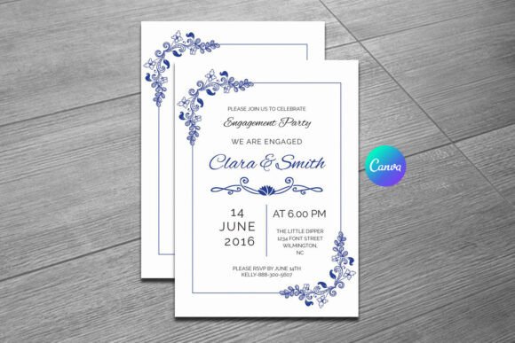 Engagement Party Invite Template: 26 Elegant Picks 14 Elegant engagement party invitation with floral design and blue text.