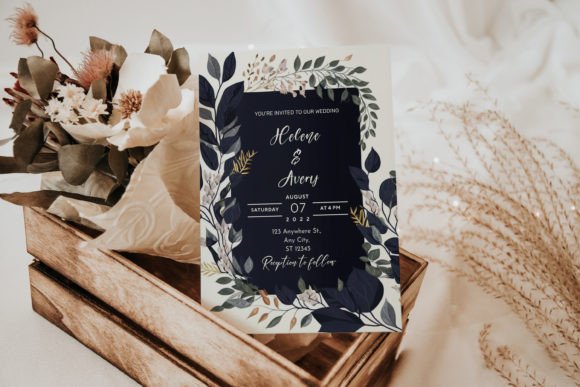 Garden Party Invite Template: 28 Beautiful Floral Designs 10 Floral wedding invitation with navy and green leaves on a wooden box.