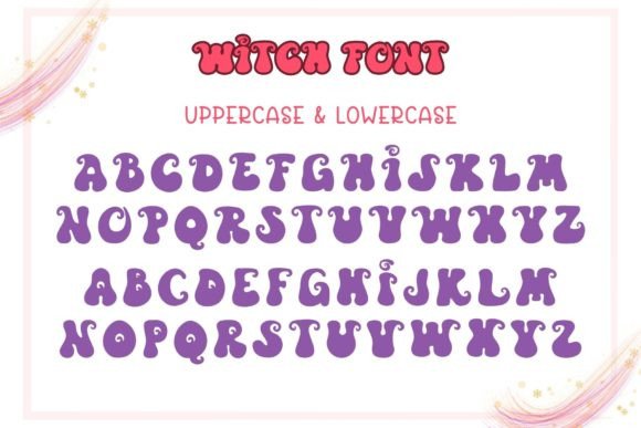 Weird Halloween Fonts: 32 Whimsical Picks for Creative Designs 37 Whimsical purple witch font showcasing uppercase and lowercase letters.