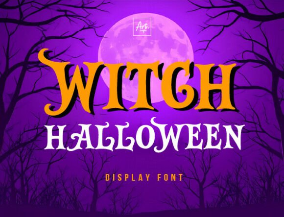 Weird Halloween Fonts: 32 Whimsical Picks for Creative Designs 7 Witch Halloween display font with a purple background and moon.
