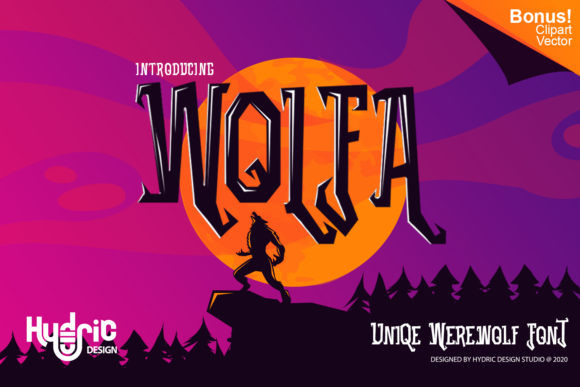 44 Spooky Halloween Alphabet Fonts for Posters and Crafts 36 Wolfa font design featuring a werewolf silhouette against a full moon backdrop.