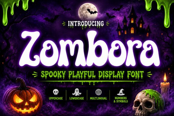 Weird Halloween Fonts: 32 Whimsical Picks for Creative Designs 4 Zombora Halloween font design featuring spooky elements like a pumpkin, skull, and haunted house.
