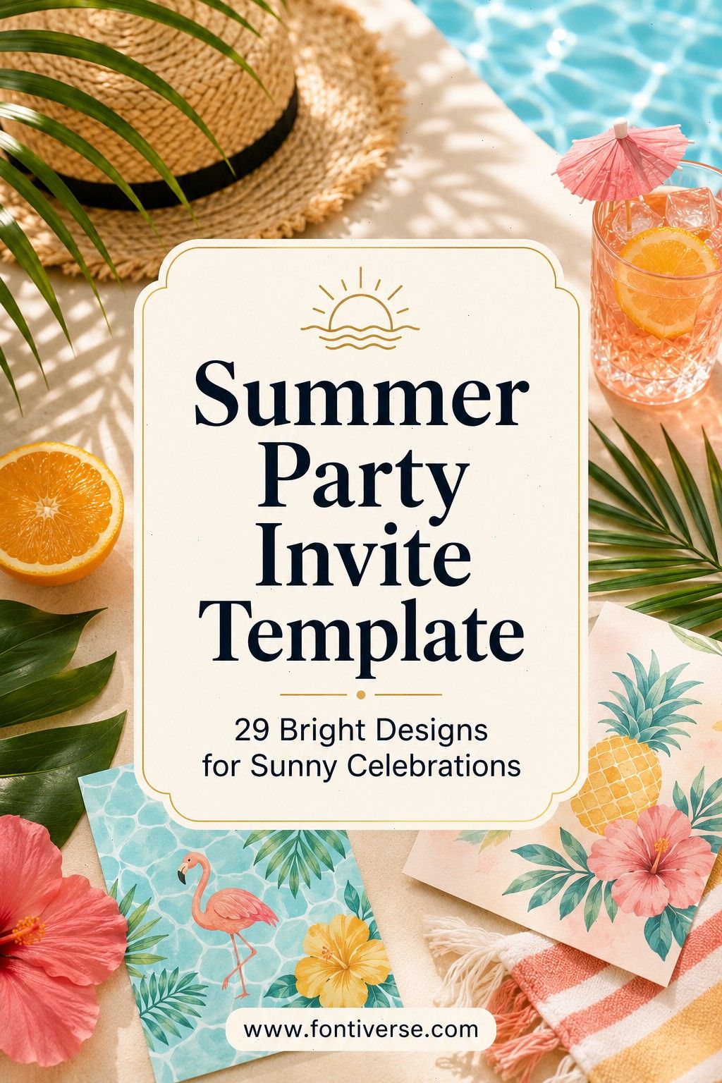 29 Bright Summer Party Invite Templates for Sunny Celebrations 46 Colorful summer party invitation template with tropical elements and a sunny background.