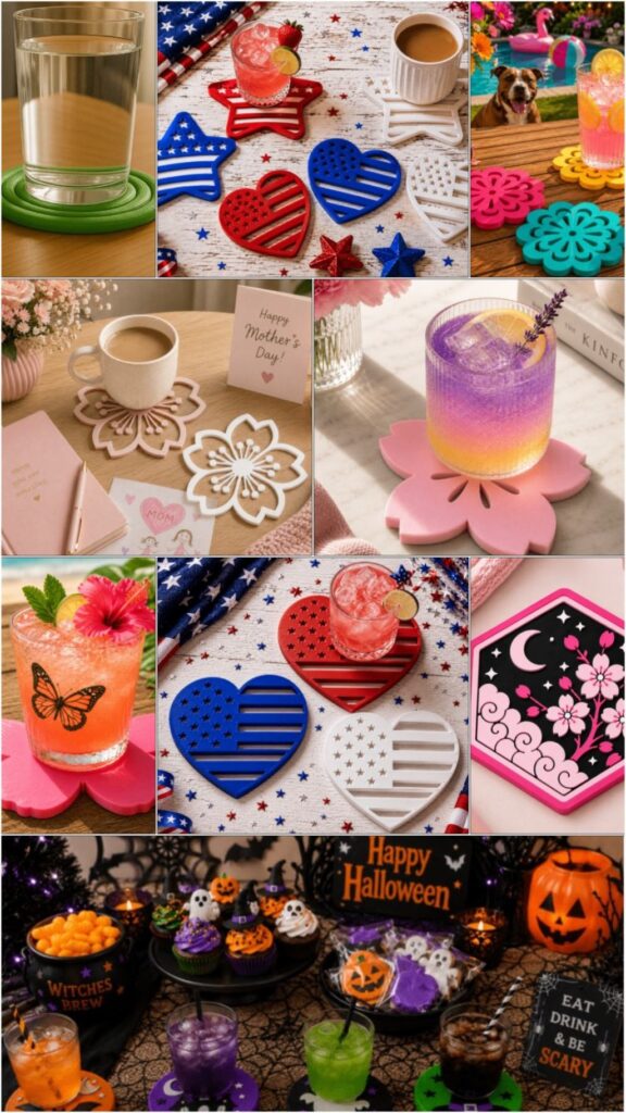 Custom Coaster Sets — DIY 3D printed gifts Custom coaster sets for drinks, showcasing various designs and colors. — DIY 3D printed gifts