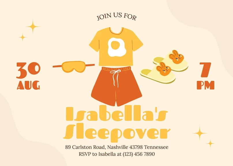 Pajama Party Invite Template: 25 Cozy Designs You’ll Love 3 Colorful pajama party invitation featuring a shirt, shorts, and slippers with event details.