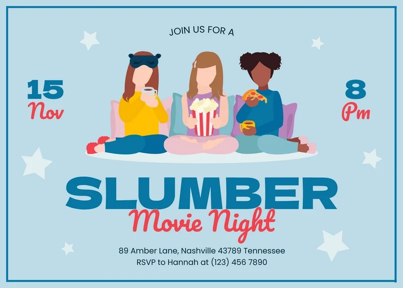 Pajama Party Invite Template: 25 Cozy Designs You’ll Love 9 Three girls sitting on a couch with popcorn, snacks, and drinks, inviting to a slumber movie night.