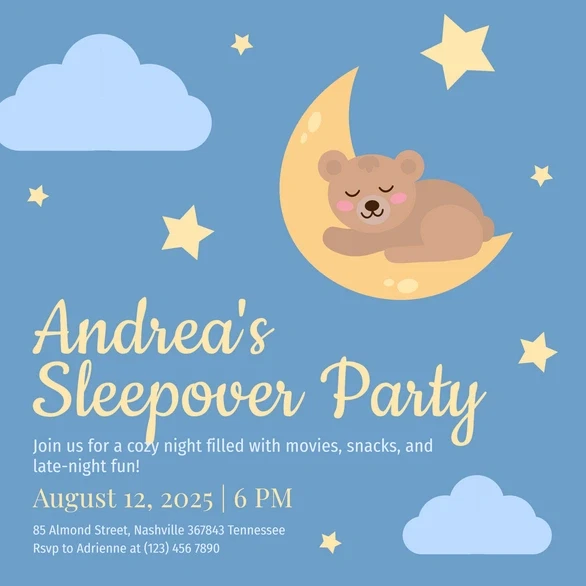 Pajama Party Invite Template: 25 Cozy Designs You’ll Love 5 Sleepover party invitation with a bear on a moon and stars, featuring event details.