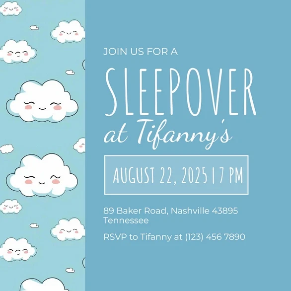 Pajama Party Invite Template: 25 Cozy Designs You’ll Love 8 Sleepover invitation template featuring cute clouds and event details.