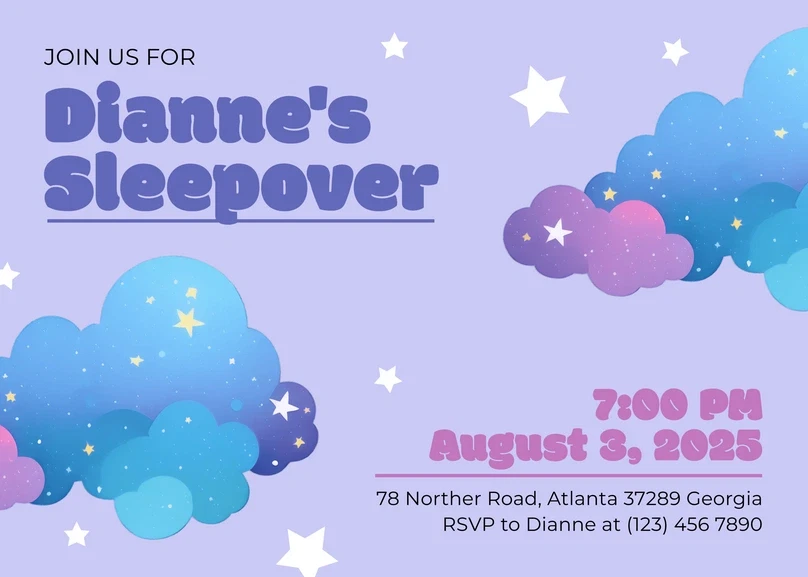 Pajama Party Invite Template: 25 Cozy Designs You’ll Love 6 Colorful pajama party invitation with clouds and stars for Dianne's sleepover.