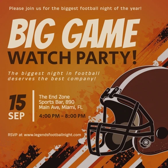 Football Party Invitation Templates: 12 Winning Game-Day Picks 18 Big Game Watch Party invitation featuring a football helmet and event details.