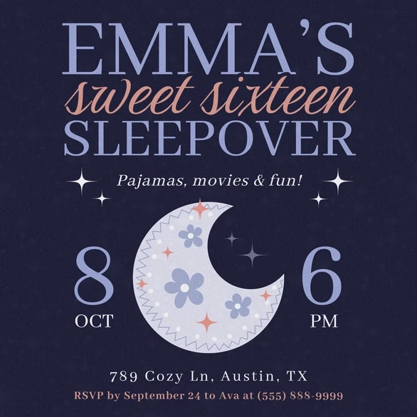 Pajama Party Invite Template: 25 Cozy Designs You’ll Love 4 Sweet sixteen sleepover invitation with moon and floral design.