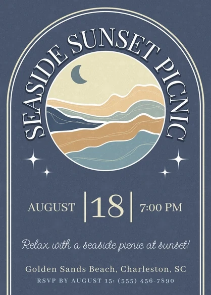 Beach Party Invite Template: 25 Best Sunny Designs 19 Seaside sunset picnic invitation with waves and moon design.