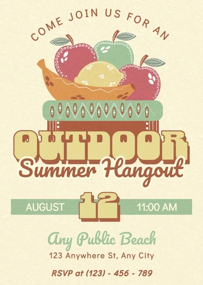 Beach Party Invite Template: 25 Best Sunny Designs 20 Colorful outdoor summer hangout invitation featuring fruits and event details.