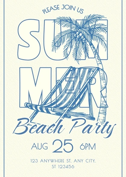 29 Bright Summer Party Invite Templates for Sunny Celebrations 29 Beach party invitation featuring a palm tree and deck chair with event details.