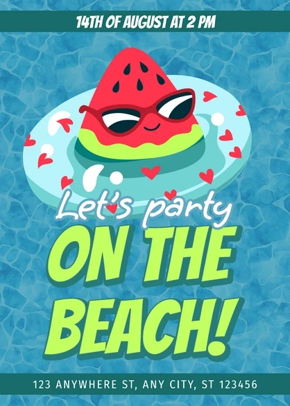 29 Bright Summer Party Invite Templates for Sunny Celebrations 28 Colorful beach party invitation featuring a watermelon float and sunglasses with event details.
