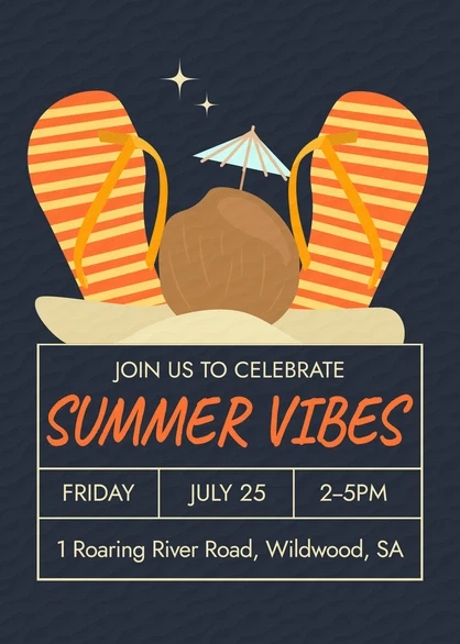 29 Bright Summer Party Invite Templates for Sunny Celebrations 32 Colorful summer party invitation featuring flip-flops, a coconut, and a beach umbrella.