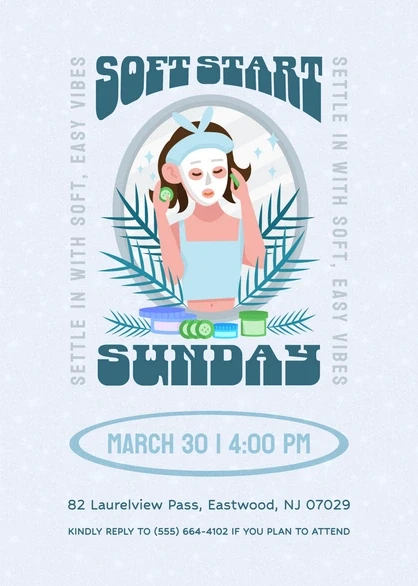 Spa Party Invite Template: 20 Beautiful Designs 13 Spa party invitation featuring a girl with a face mask and spa elements, promoting a relaxing event.