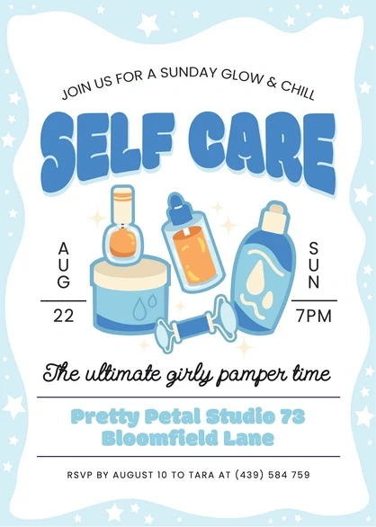 Spa Party Invite Template: 20 Beautiful Designs 11 Colorful spa party invitation featuring self-care items and a playful design.