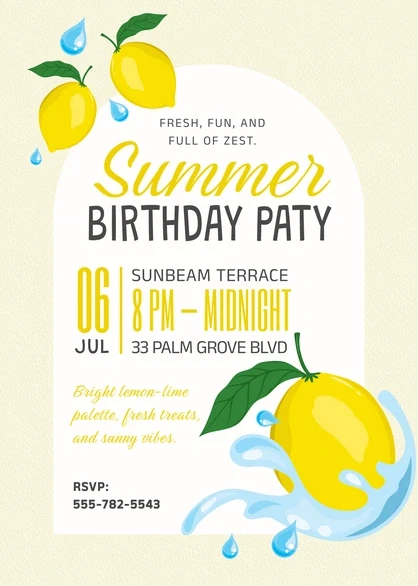 29 Bright Summer Party Invite Templates for Sunny Celebrations 31 Bright summer birthday party invitation with lemons and water splashes.