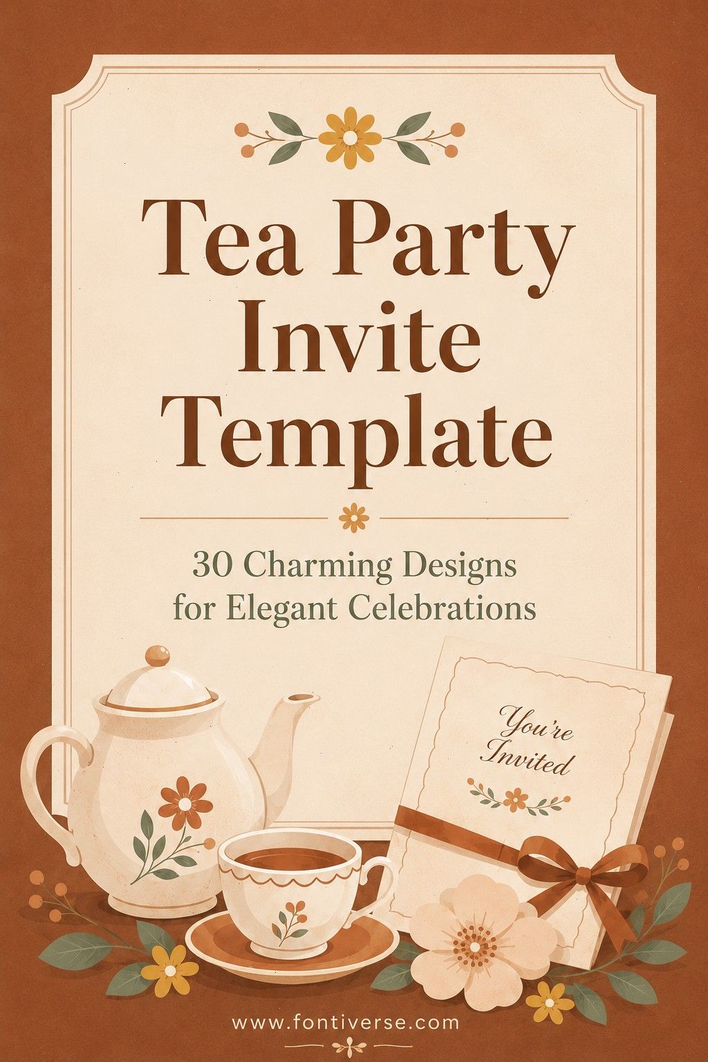30 Charming Tea Party Invitation Templates for Elegant Celebrations 37 Tea party invite template featuring a teapot, teacup, and floral designs.