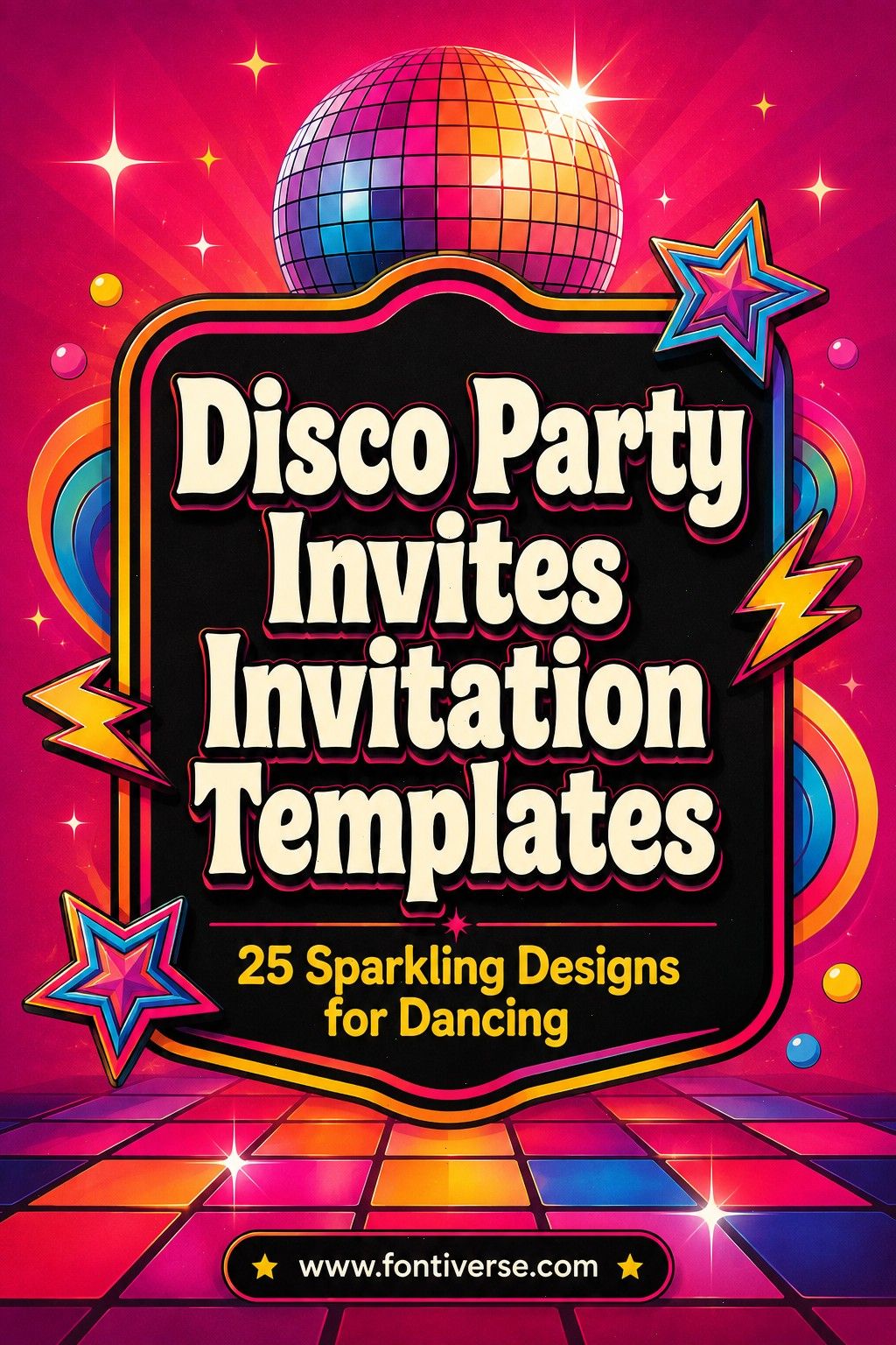 25 Disco Party Invitation Templates for a Sparkling Night 27 Colorful disco party invitation template featuring a disco ball and vibrant retro design elements.