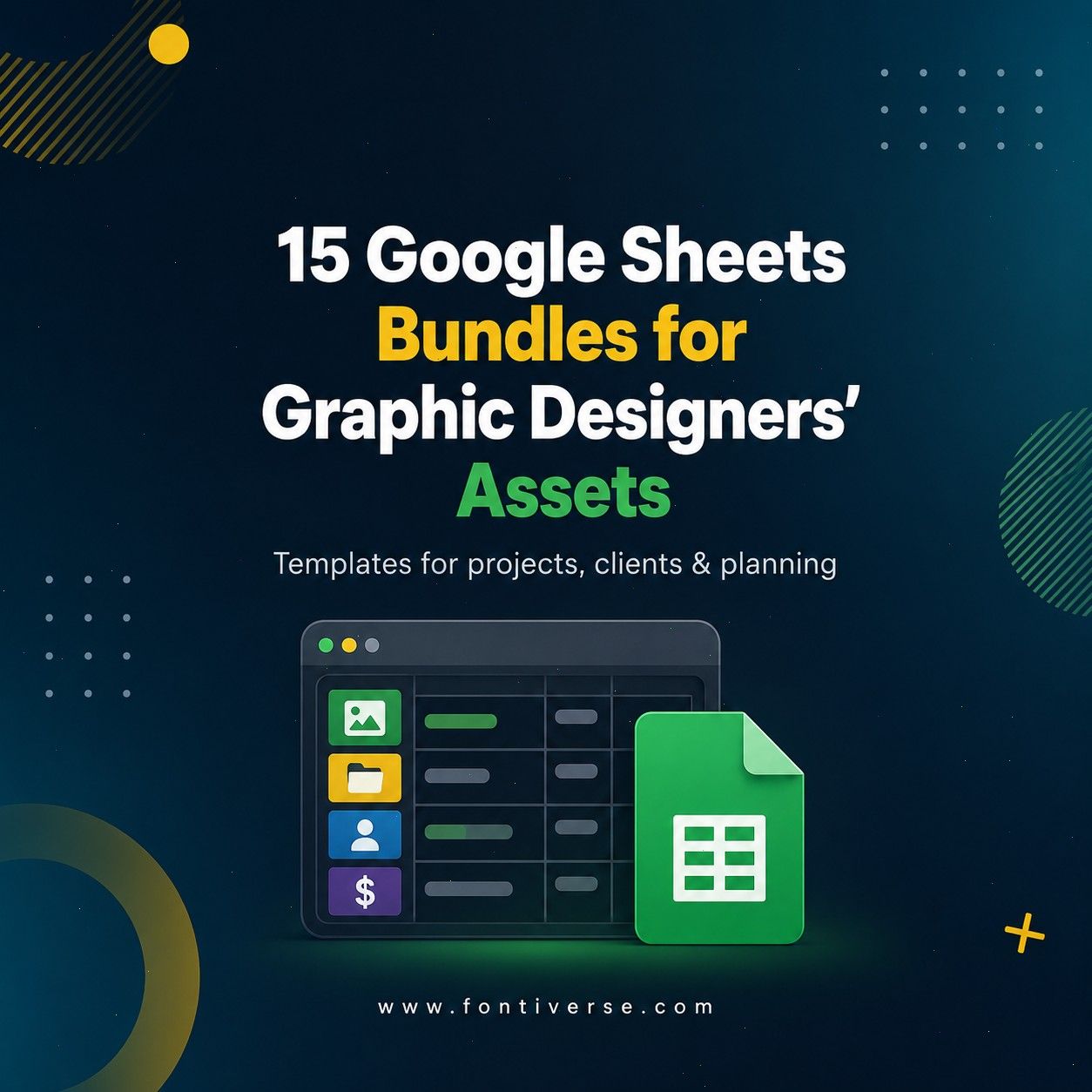 15 Google Sheets bundles for graphic designers' assets, showcasing templates for projects and client management.