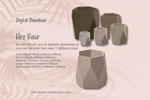 Geometric Hex Vase Planter — 3D printed planters 3D printed planters in various sizes, showcasing hexagonal design and faceted texture.