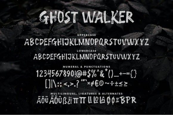 44 Spooky Halloween Alphabet Fonts for Posters and Crafts 14 Ghost Walker font showcasing uppercase and lowercase letters, numbers, and symbols on a dark background.