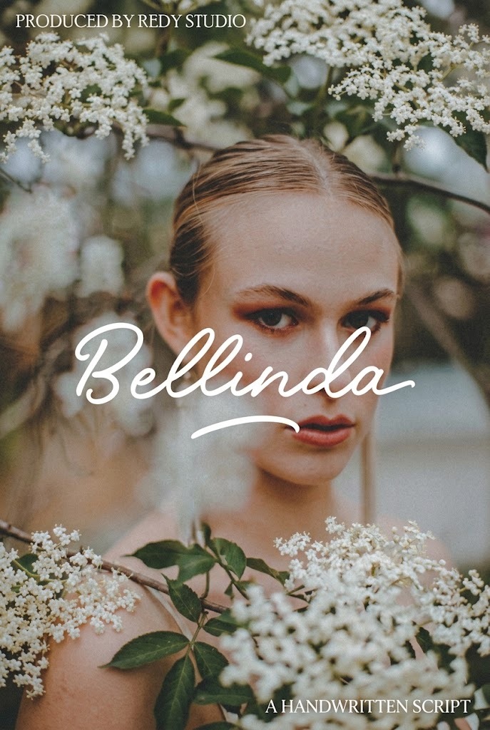 27 Calligraphy Alphabet for alphabet lettering projects 5 Calligraphy alphabet fonts with Bellinda handwritten script over a portrait surrounded by white flowers