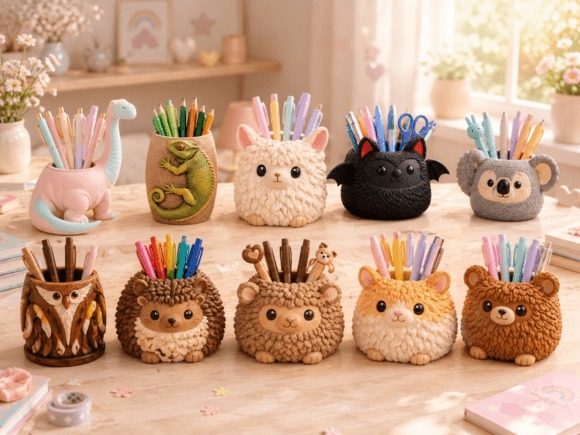 Amazing DIY 3D Printed Gifts: 11 Creative Ideas Anyone Can Make 2 DIY 3D printed gifts featuring animal pen holders in various designs with pens and scissors.