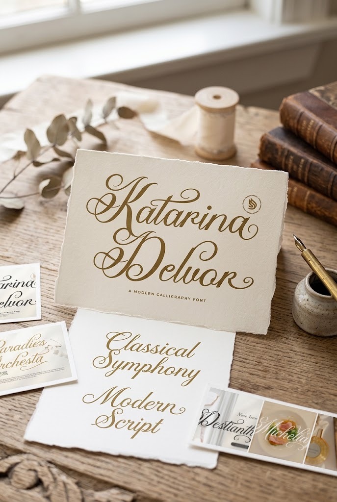 27 Calligraphy Alphabet for alphabet lettering projects 4 Calligraphy alphabet fonts sample showing elegant Katarina Delvor script on cream paper with classical symphony and modern