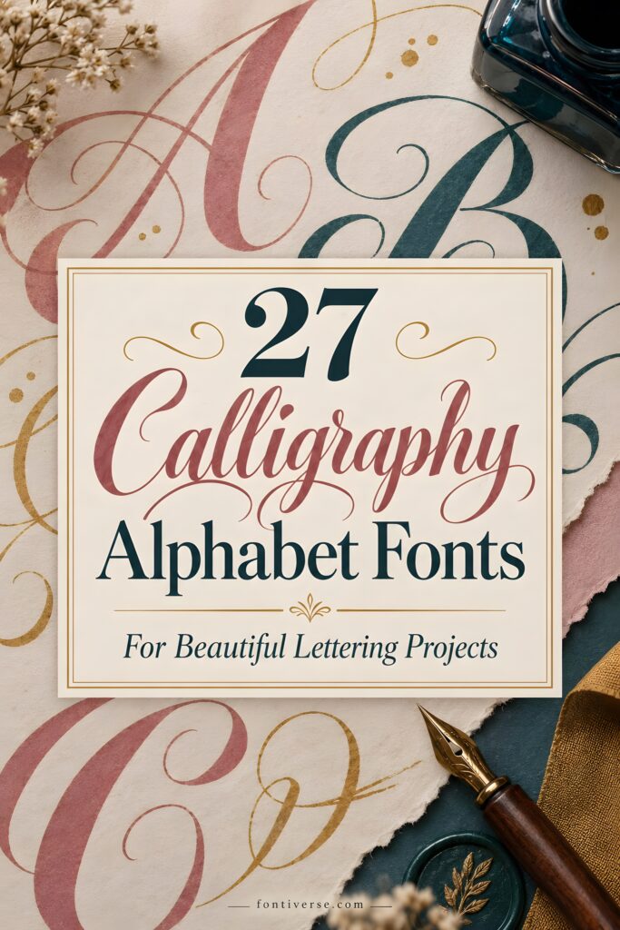 27 Calligraphy Alphabet for alphabet lettering projects 1 Calligraphy alphabet fonts with elegant script letters A, B, C in red and blue ink on paper with a fountain pen