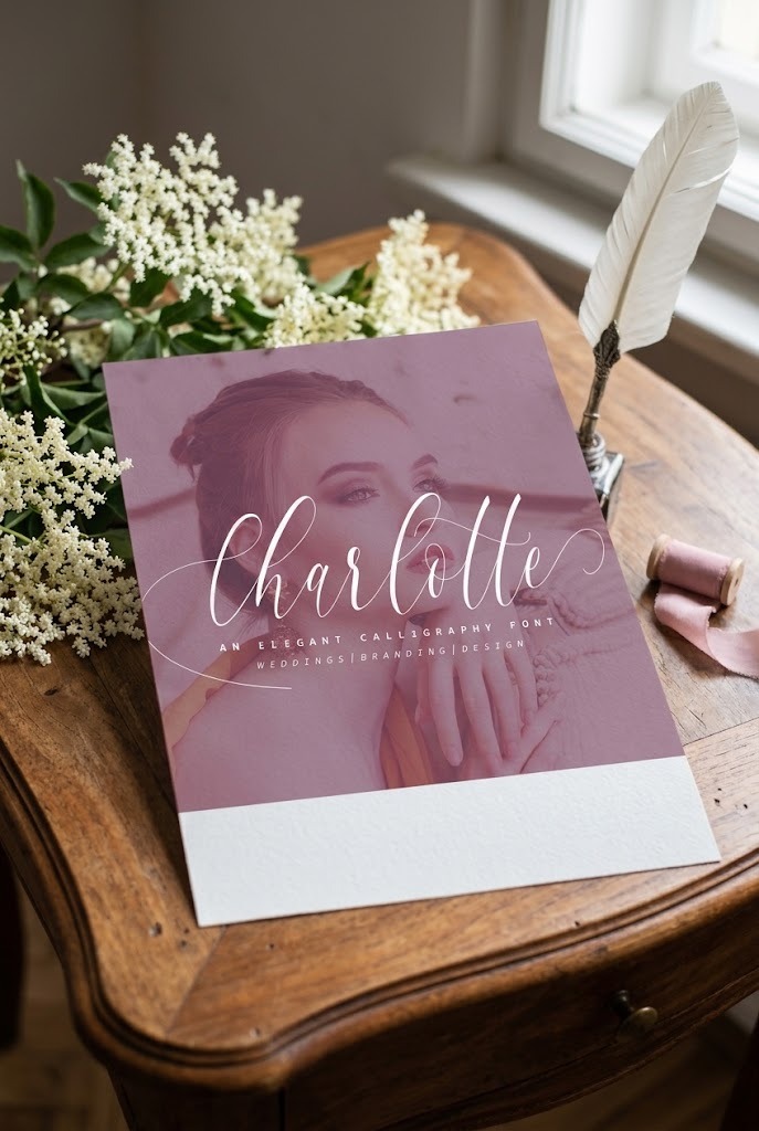 27 Calligraphy Alphabet for alphabet lettering projects 6 Charlotte Calligraphy font sample on a card with flowers and a quill pen on wooden table — calligraphy alphabet fonts
