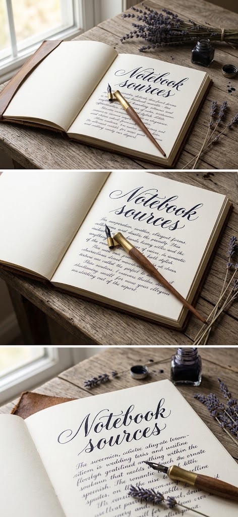 27 Calligraphy Alphabet for alphabet lettering projects 9 Calligraphy alphabet fonts displayed in an open notebook with a fountain pen and dried lavender on a wooden table