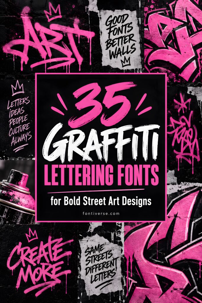 35 Graffiti Lettering: Font Picks for Street Art Designs 1 35 graffiti lettering fonts for bold street art designs with pink and white spray paint style text and graffiti elements