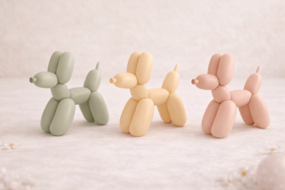 17 3D Printed Products to Sell at Craft Fairs for Profit 12 3D printed products featuring balloon dachshund dog figurines in pastel colors.